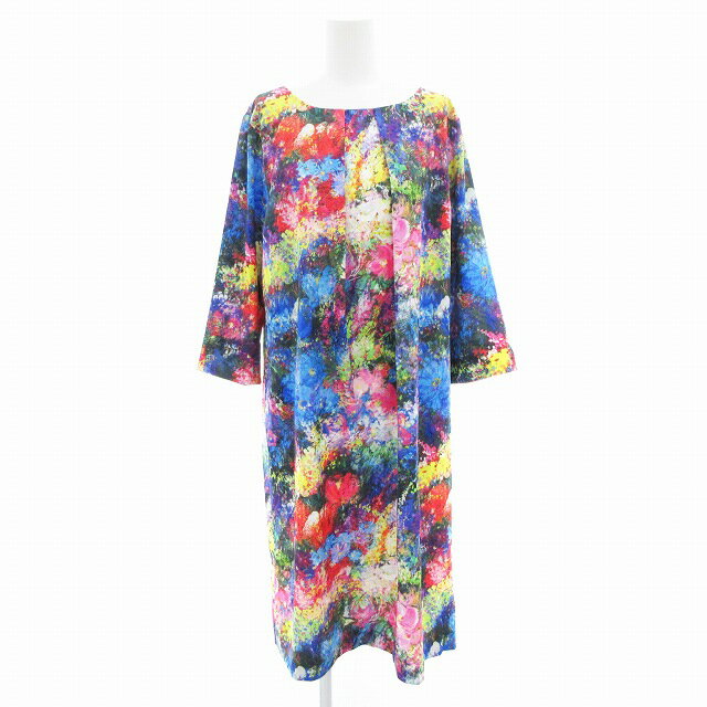 【中古】ラナン Ranan 美品 ワンピース クルーネック 総柄 7分袖 ひざ丈 LL マルチカラー /AE レディース 【ベクトル 古着】 250730