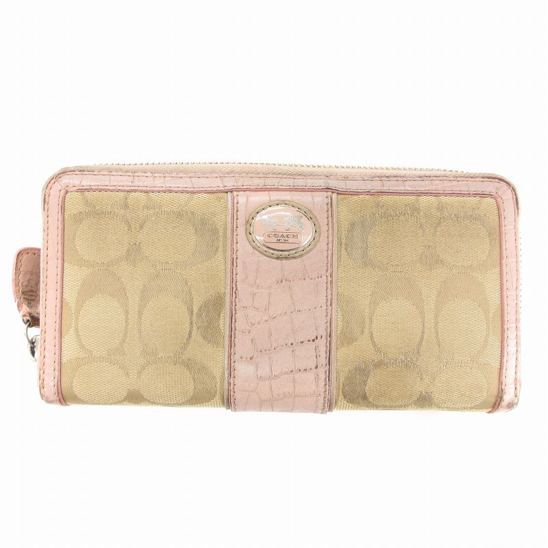 【中古】コーチ COACH シグネチャー 長財布 ウォレット ジャガード ピンク ベージュ /JS レディース 【ベクトル 古着】 250802