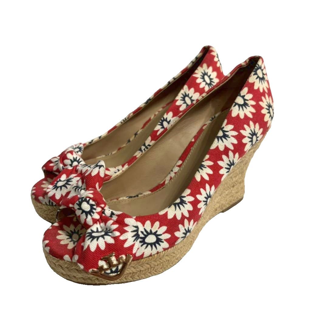 【中古】トリーバーチ TORY BURCH サンダル ミュール ウェッジソール 花柄 5.5 赤 レッド 白 ホワイト ■WG レディース 【ベクトル 古着】 260301