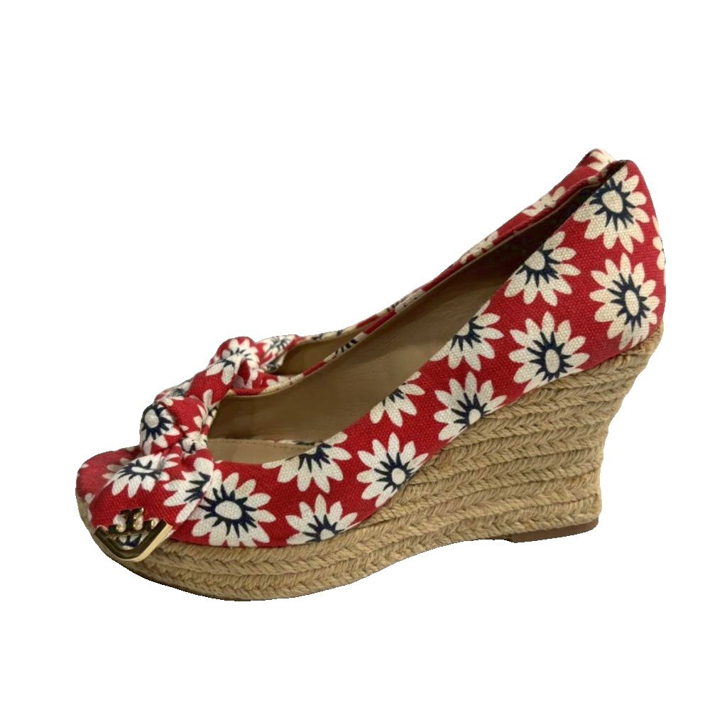 【中古】トリーバーチ TORY BURCH サンダル ミュール ウェッジソール 花柄 5.5 赤 ...
