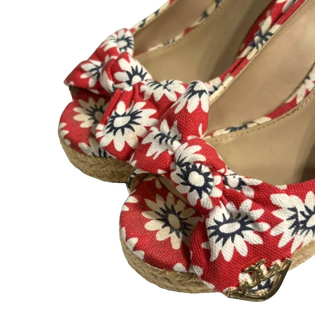 【中古】トリーバーチ TORY BURCH サンダル ミュール ウェッジソール 花柄 5.5 赤 ...
