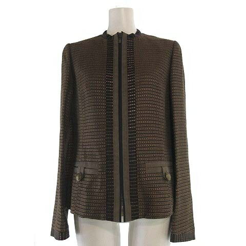 【中古】ヒロココシノ HIROKO KOSHINO ノーカラージャケット ジップアップ 刺繍 ノーカラー 長袖 38 M位 茶 ブラウン レディース 【ベクトル 古着】 241017
