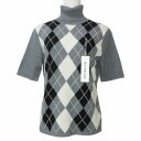 【中古】未使用品 レ・アール LES HALLES タグ付き ニット セーター アーガイルチェック カシミヤ混 半袖 タートルネック 3 L相当 グレー系 X ...