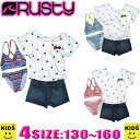 女の子 水着 セット キッズ RUSTY ラスティー サーフブランド ワイドTシャツ & デニムショートパンツ付き クロスバックビキニ4点セット ジュニア 130|140|150|160967805