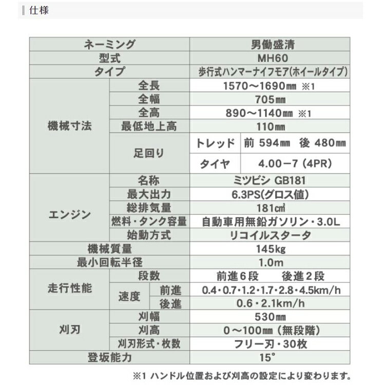 【法人様限定販売】 男働盛清 MH60MS 歩行型雑草草刈機 歩行式ハンマーナイフモア(...