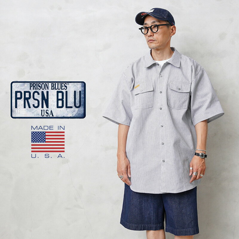 クーポンで最大15%OFF★PRISON BLUES プリズンブルース PRBS407 SHORT SLEEVE ヒッコリーストライプ ワークシャツ MADE IN USA 8oz｜プリズナーシャツ メンズ トップス おしゃれ ブランド 半袖 大きいサイズ コットン