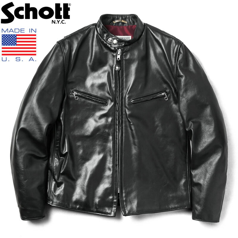 ポイント10倍！Schott ショット 641XXH HORSEHIDE CAFE RACER レザージャケット MADE IN USA【7417】【クーポン対象外】【T】｜革ジャン レザージャケット シングル ライダースジャケット 本革 馬革 ホースハイド ブランド 黒 秋冬 新作 送料無料 春 プレゼント 父の日