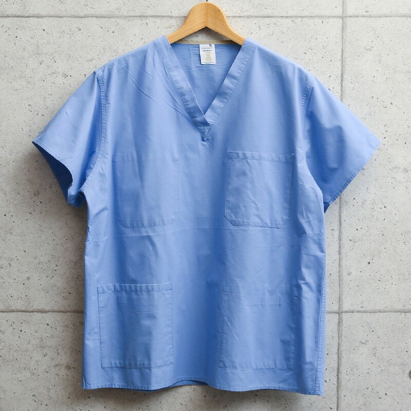 ミリタリーシャツ メンズ / サープラス業者放出品 米軍使用 BLUE SCRUB シャツ/ メディカルシャツ ホスピタルシャツ スクラブシャツ トップス ノーカラー Vネック 大きいサイズ 半袖 無地 ブルーWAIPER 春 プレゼント ギフト 父の日