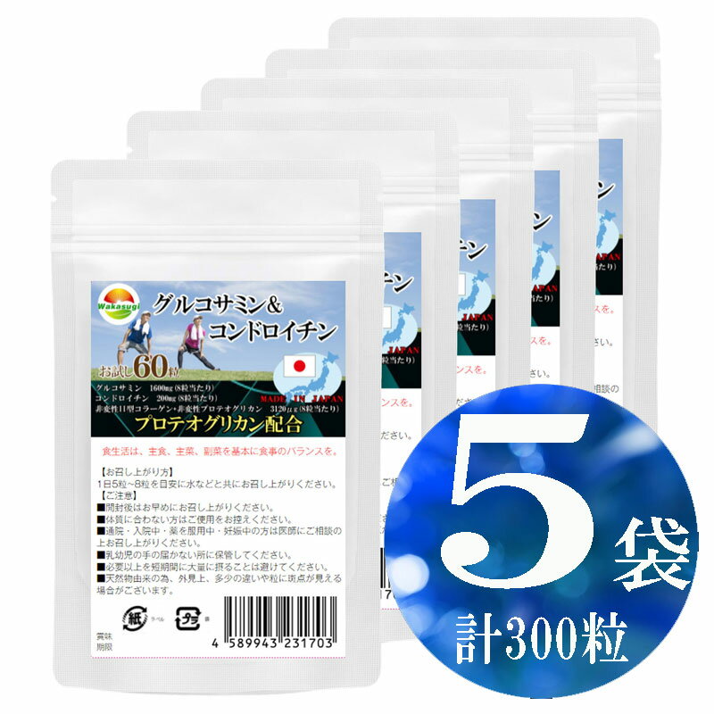 グルコサミン＆コンドロイチン60粒【5袋セット計300粒】プロテオグリカン新配合　8粒当たり　グルコサミン1600mg配合…