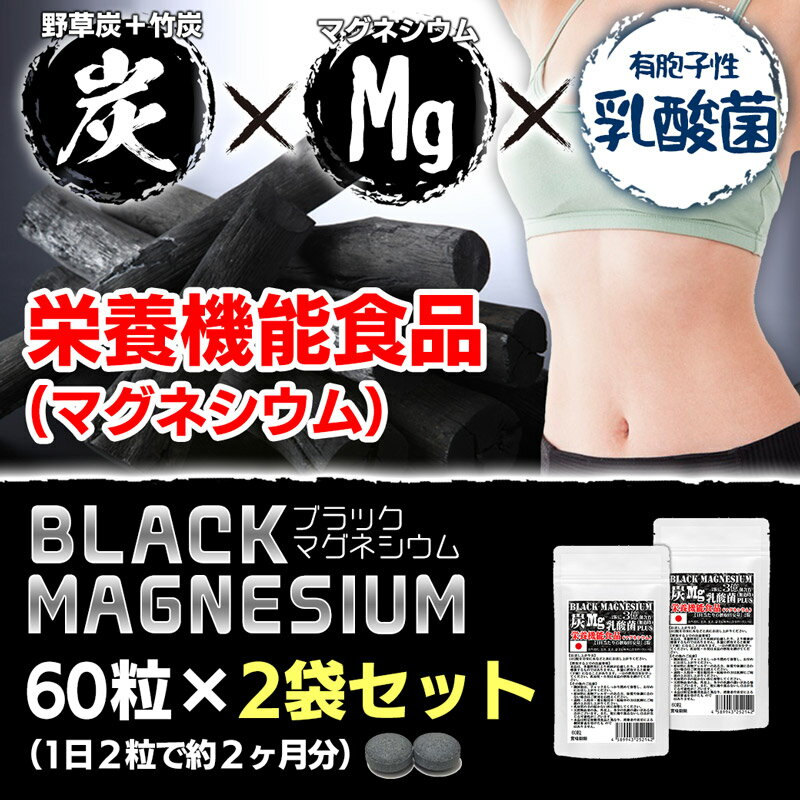 栄養機能食品　ブラックマグネシウム　60粒　2袋セット計120粒　約2ヶ月分　31種の野草炭＋国産孟宗竹に有胞子性乳酸菌プラス　2粒でマグネシウム3億個　腸まで届く有胞子性乳酸菌使用 炭チャコール×Mg　乳酸菌　トリプル処方 2