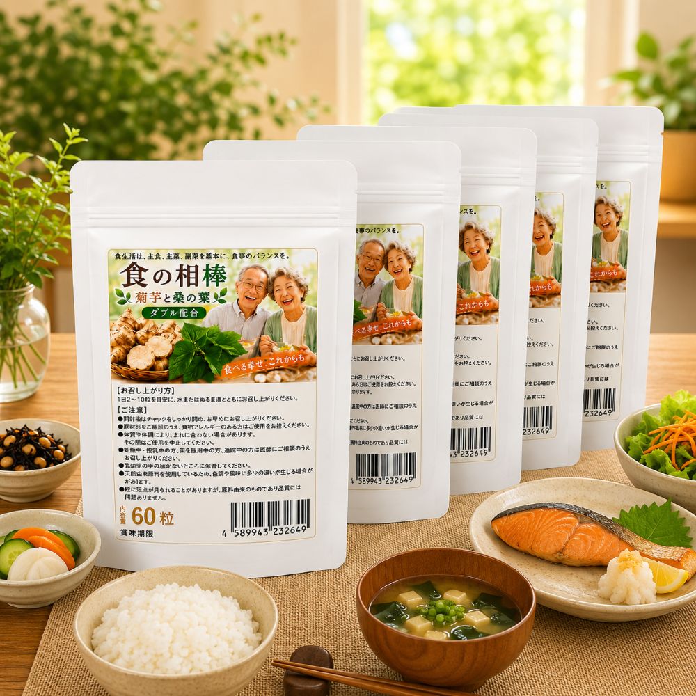 項目 内容 食べる幸せを、これからも。 菊芋×桑の葉使用「食の相棒」 我慢する毎日ではなく、食事と上手に付き合う新しい習慣を。 北海道産菊芋粉末と国産有機桑の葉を配合した新しいサプリメント、「食の相棒」が登場！ こんなあなたに！ □甘いものが好き □ご飯や麺が好き □健康診断が気になり始めた □食べすぎに注意と言われた □年齢とともに食事が気になる □我慢ばかりの食事は続かない 食べる楽しみを、あきらめない。 健康上の理由や年齢を重ねたことで、好きなものを控えなければならない。それでも、食卓には笑顔があってほしい。我慢よりも食事との付き合い方が大切です。「食べる幸せをこれからも。」そんな願いから生まれたのが「食の相棒」です。 菊芋とは？ 100％北海道産菊芋を使用。水溶性食物繊維「イヌリン」を豊富に含むことから、糖質制限中の方、食事制限中の方、食物繊維を摂りたい方に注目されています。 桑の葉とは？ 無農薬栽培の国産有機桑の葉を使用。桑の葉は糖質が気になる方に注目されている食材です。 2つの自然素材を凝縮！ 北海道産菊芋（イヌリンが豊富）と国産有機桑（DNJが豊富）を理想的なバランスで凝縮し、続けやすいタブレットにしました。 錠剤タイプ（タブレット）だから 手軽で飲みやすい！ □季節に関係なく菊芋が摂れる。 □ 苦みを感じることなく飲める。 □ 省スペースで持ち運びも便利。 □ 国内のGMP認定工場で製造しているから安心・高品質。 こんな方へ！ ・食事を楽しみたい ・甘いものが好き ・ご飯が好き ・健康を意識している ・毎日の食生活を見直したい ・家族と食卓を楽しみたい 北海道産菊芋×国産有機桑の「食の相棒」が、あなたの毎日をサポートします。我慢するだけの毎日よりも、食事と上手に付き合って、食べる楽しみを噛み締めましょう！ ＜ご使用方法＞ 1日に2～10粒を目安に、水などでお飲みください。 「食の相棒」は、その日の食事の内容に合わせて摂取量を調整していただくことを前提とした商品です。例えば、 ・普段から健康的な食事を意識している方は2粒 ・ご飯や麺類、甘い物をよく食べる方は5粒 ・外食や会食の多い日、食事量の多い日は10粒 など。必ず10粒摂る必要はありません。食事の内容によって調整してください。 ■名称 菊芋・桑葉含有加工食品 ■原材料名 有機菊芋粉末（北海道製造）、有機桑葉粉末、セルロース、ステアリン酸カルシウム、微粒二酸化ケイ素 ■内容量 18g（300mg×60粒） ■賞味期限 表面左下部に記載 ■保存方法 直射日光、高温多湿を避け、冷暗所に保存してください。 ■加工者 株式会社若杉エンタープライズ 〒500-0000 岐阜県岐阜市富沢町38-8 TEL 0120-961-866 ■栄養成分表示（2粒〔0.6g〕当たり）【推定値】 熱量　1.0kcal たんぱく質　0.06g 脂質　0.02g 炭水化物　0.45g 食塩相当量　0.0003g ■お召し上がり方 1日に2～10粒を目安に、水などでお飲みください。 「食の相棒」は、その日の食事の内容に合わせて摂取量を調整していただくことを前提とした商品です。例えば、 ・普段から健康的な食事を意識している方は2粒 ・ご飯や麺類、甘い物をよく食べる方は5粒 ・外食や会食の多い日、食事量の多い日は10粒 など。必ず10粒摂る必要はありません。食事の内容によって調整してください。 ■ご注意 ● 開封後はチャックをしっかり閉め、お早めにお召し上がりください。 ● 原材料をご確認のうえ、食物アレルギーのある方はご使用をお控えください。 ● 体質や体調により、まれに合わない場合があります。その際はご使用を中止してください。 ● 妊娠中・授乳中の方、薬を服用中の方、通院中の方は医師にご相談のうえお召し上がりください。 ● 乳幼児の手の届かないところに保管してください。 ● 天然由来原料を使用しているため、色調や風味に多少の違いが生じる場合があります。 ● 粒に斑点が見られることがありますが、原料由来のものであり品質には問題ありません。 【ご注文・商品に関するお問い合わせ】 通話無料　0120-961-866 受付時間　9:30～17:30（土日祝日を除く） 広告文責　(株)若杉エンタープライズ 岐阜県岐阜市富沢町38-8 区分　健康食品 製造国　日本