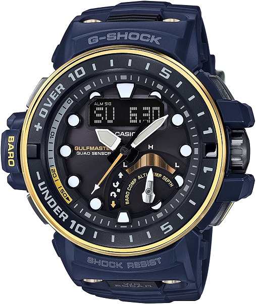 【GWN-Q1000NV-2AJF】CASIO 腕時計 G-SHOCK ジーショック 　Master in NAVY BLUE　ガルフマスター クワッドセンサー　ブラック　ネイビー　ブルー ゴールド　アナログ　デジタル　アナデジ　電波ソーラー　ねじロック式リューズ