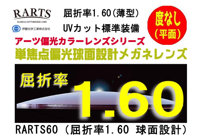 【ブランド 型番】 RARTS　アーツ／伊藤工学 RARTS160S-H 【商品名】！2枚一組！　偏光サングラス用球面度なし(平面)レンズ 【レンズ特徴】 単焦点球面設計偏光メガネレンズ 屈折率1.60（薄型） 色付UVカット 【カラーバリ...