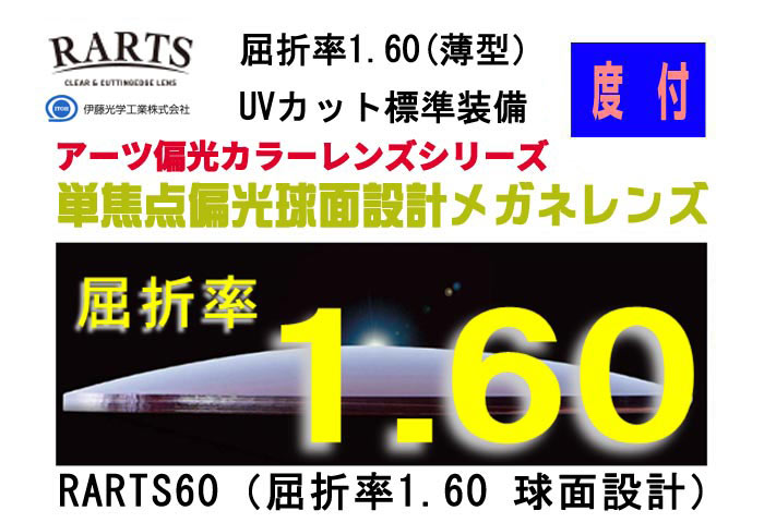 RARTS　アーツ／伊藤工学 　偏光レンズ　！2枚一組！　偏光サングラス用球面（度付き)　RARTS160SP-H　単焦点球面設計偏光メガネレンズ 屈折率1.60（薄型） 色付UVカット　コーティングオプション加工可　別途有料のサムネイル