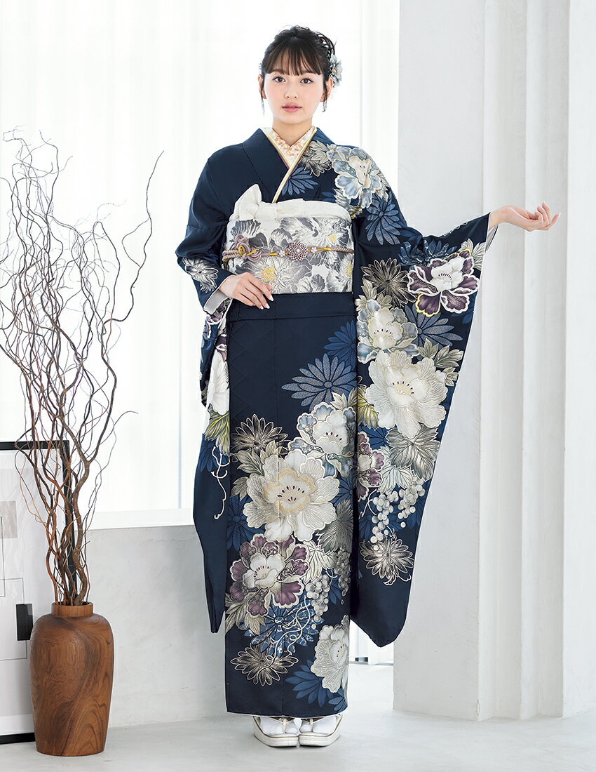 振袖 販売 単品 成人式 紺 濃紺 古典 正絹 新品 振袖ブランドBloom 2026年成人式 オーダーメイド 未仕立て 仕立て付 結婚式 卒業式 結納 お正月 送料無料 d4311-s