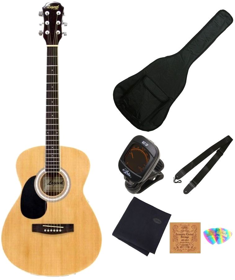沖縄・離島以外送料無料!! 高いコストパフォーマンスが自慢のレジェンドアコースティック。 初めてギターを触る方へはもちろん、気軽に弾けるギターが欲しい方へもお勧めです。 本体（ケース付）、ストラップ、ピック、弦、チューナー、クロス　の初心者セットが付属。 Top Spruce Back&Sides Agatis Neck Catalpa Fingerboard Ironwood Scale 650 mm Bridge Ironwood Hardware Chrome 送料無料(沖縄・離島以外) ※セット品の品番やカラーが異なる場合がございます。 　エントリークラスのため、仕上げの粗い部分があります。