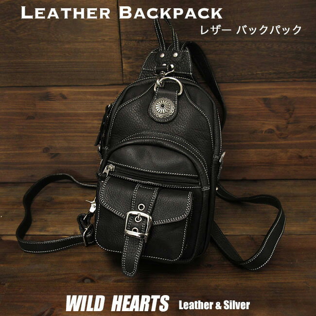 󥷥Хå ܥǥХå Ф᤬Хå 쥶/ܳ å 2WAY ֥å Leather Backpack Travel Shoulder Sling Bag 2-WAY BlackWILD HEARTS Leather&Silver (ID bb2100t11)