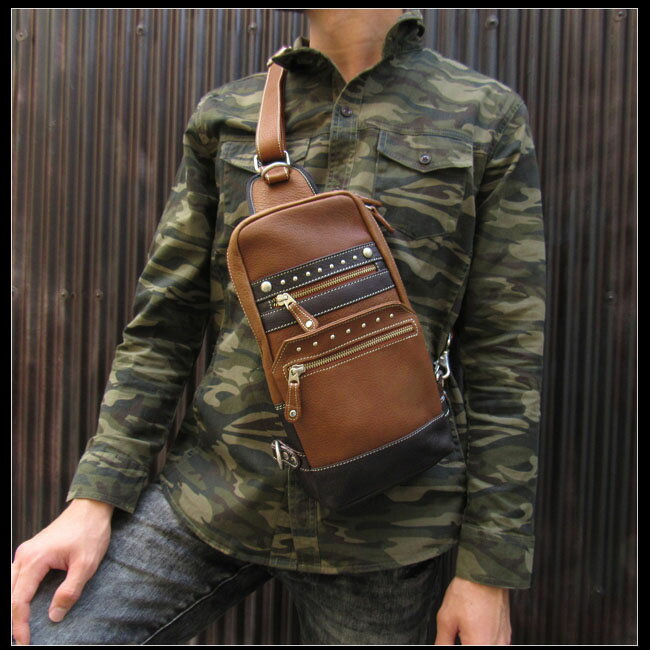 ボディバッグ バックパック ワンショルダーバッグ 革／レザー リュック タン Genuine Leather Backpack Shoulder Sling Bag TanWILD HEARTS Leather&Silver (ID bb2963t9)