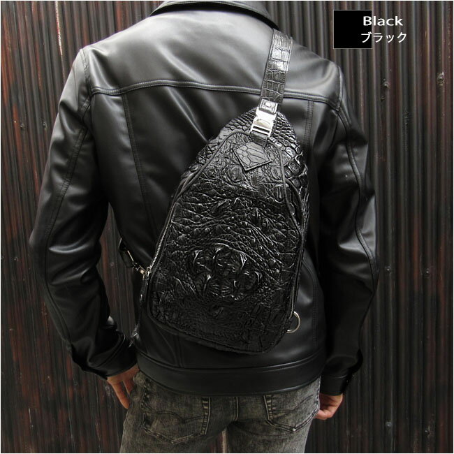 クロコダイル ワニ革 本革 斜めがけ ボディバッグ ショルダー バッグ ワイルド バイカー ダークブラウン/ブラック メンズ 縦型 大容量　Crocodile Skin Leather BackpackWILD HEARTS Leather&Silver(ID bb4572b25)