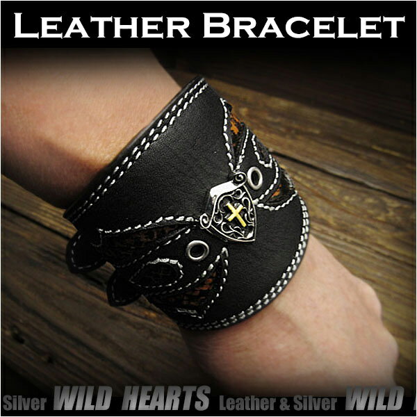 レザーブレスレット リストバンド コンチョ付き 牛革 Leather Biker Wrist Band Single BraceletWILD H..