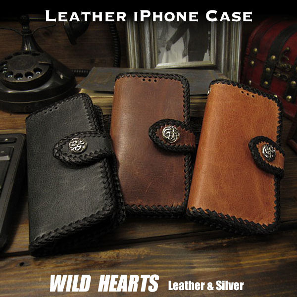 送料無料 iPhoneケース スマホケース 手帳型 馬革 スマホカバー ビンテージ加工 3色 コンチョ付き Genuine Leather Wallet Card Holder Cover Flip Case for iPhone Horsehide 3 Colors WILD HEARTS Leather Silver (ID ip3749)