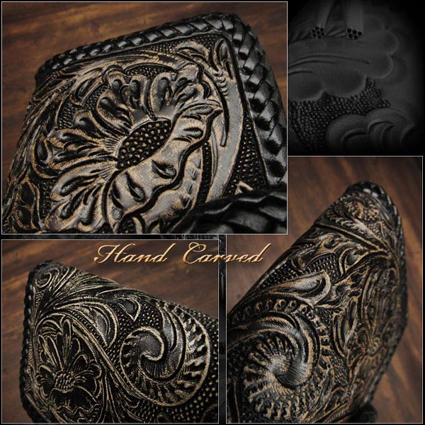 スマホケース 手帳型 多機種対応 スライド式 マルチケース レザーケース 本革 カービング マグネット ブラック/黒 S/M/Lサイズ Hand Carved Leather Flip Case for Smartphone Black (ID sc3091)za004