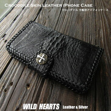 送料無料 クロコダイル iPhoneケース スマホケース 手帳型 レザーケース ワニ革 牛革 ブラック 黒 コンチョ付き Crocodile Skin Leather iPhone Flip Case Wallet Cover Custom WILD HEARTS (ID ip2878r45)