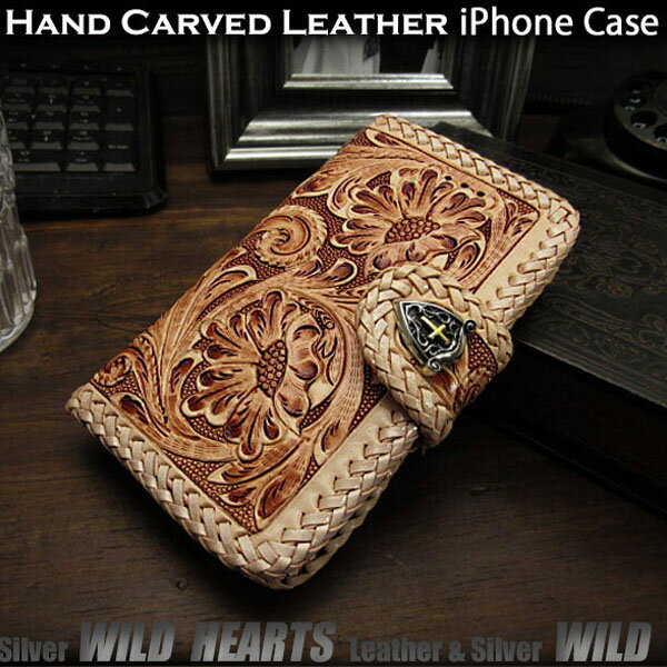 送料無料 iPhoneケース スマホケース 手帳型 レザーケース 本革 カービング ハンドメイド サドルレザー コンチョ付き Genuine Leather Folder Protective Case Cover For iPhone WILD HEARTS Leather&Silver (ID ip3061)