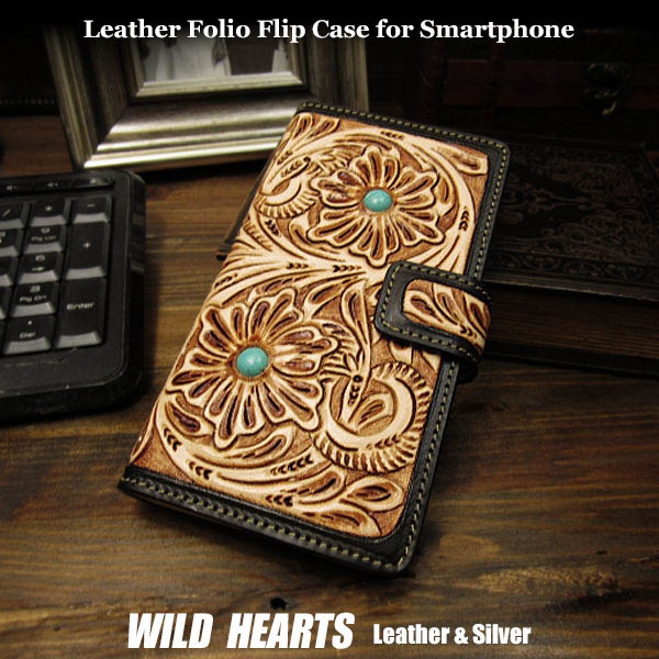 スマホケース 手帳型 多機種対応 スライド式 マルチケース レザーケース　ツートンカラー カービング ハンドメイド 3サイズ マグネット Hand Carved Leather Folio Flip Case for iPhone/Smartphone 3-sizeWILD HEARTS Leather&Silver (ID sc3827)