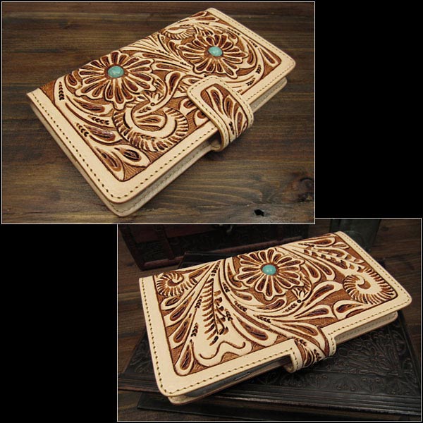スマホケース 手帳型 多機種対応 スライド式 マルチケース レザーケース カービング ターコイズ 3サイズ ナチュラル マグネット Hand Carved Leather Folio Flip Case for iPhone/Smartphone 3-size TanWILD HEARTS Leather&Silver (ID sc3826)za003