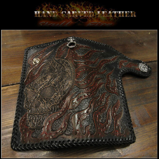 バイカーズ／ライダースウォレット スカル＆ファイヤー カービング　Motorcycle Biker Wallet Skull&Fire Carved Leather WalletWILD HEARTS Leather&Silver (ID lw1359)