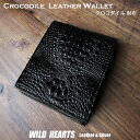 クロコダイル 二つ折り財布 財布 ワニ革 クロコダイル 本革 ショートウォレット ブラック/黒 Genuine Crocodile Skin Leather Bifold Biker WalletWILD HEARTS Leather&Silver(ID sw4557r14)