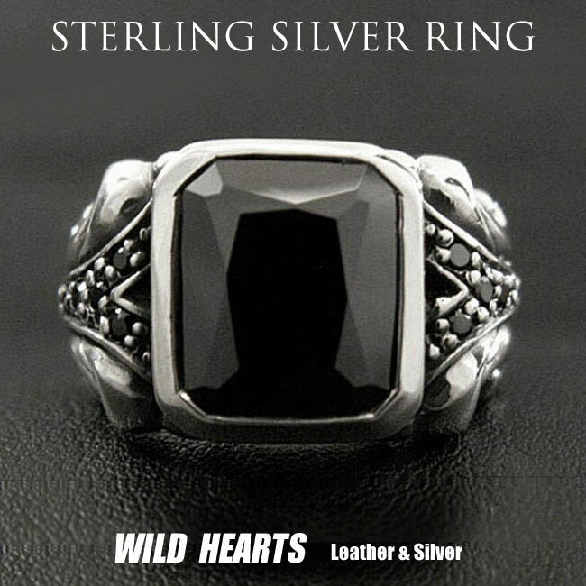 シルバーリング 印台リング ブラックジルコニアリング メンズ アクセサリー メンズスクエアカットリング Men’s Ring Black Zirconia Punk Biker WILD HEARTS leather & silver(ID sr0796r297)