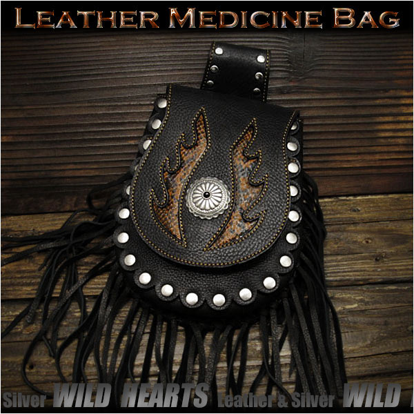 メディスンバッグ ウエストポーチ／バッグ フリンジ付き レザー／本革 パイソン High Quality Genuine Cowhide Leather Medicine Bag Hip Bag Pack Pouch BeltWILD HEARTS leather&silver(ID wp0748r59)