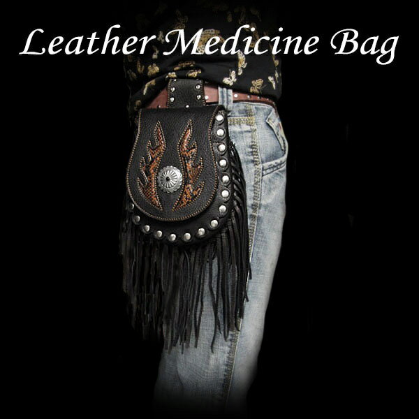メディスンバッグ ウエストポーチ／バッグ フリンジ付き レザー／本革 パイソン High Quality Genuine Cowhide Leather Medicine Bag Hip Bag Pack Pouch BeltWILD HEARTS leather&silver(ID wp0748r59)