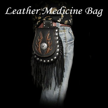 メディスンバッグ　ウエストポーチ／バッグ　フリンジ付き　レザー／本革　パイソン High Quality Genuine Cowhide Leather Medicine Bag Hip Bag Pack Pouch BeltWILD HEARTS leather&silver(ID wp0748r59)