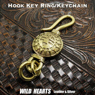 真鍮製キーホルダー キーフック 釣り針フック 真鍮フック キーフック サンフェイス インディアンスタイル Brass key chain Key holder Sunface WILD HEARTS Leather&Silver(ID kh3038k11)