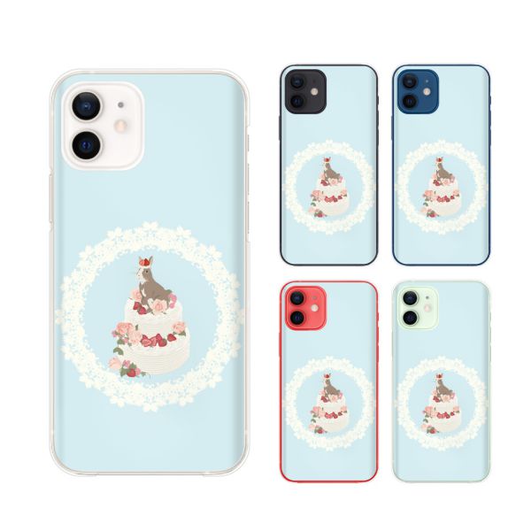 Apple スマホケース【iPhone 12 / 12 mini / 12 Pro / 12 Pro Max / SE / 11 / XS / XR / X / 8 / 7 / 6】 うさぎ デコレーションケーキ 女子カバー 水色 いちごと薔薇 カワイイ ハード アップル アイフォン docomo ドコモ au ソフトバンク