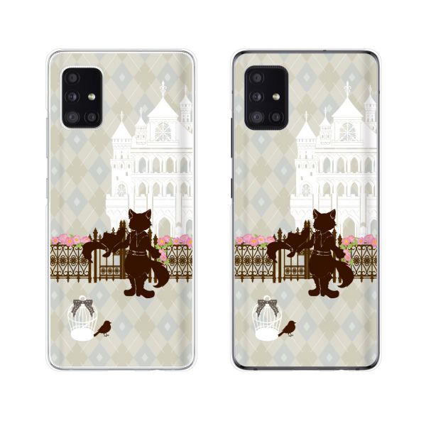 au ケース 【 Galaxy A51 5G SCG07 / S20 5G SCG01 / S20+ 5G SCG02 / A41 SCV48 / A20 SCV46 / S10 SCV41 】 長靴を履いた猫 お城 アーガイルチェック スカイグレー 女子カバー カワイイ スマホ ケース ハード カバー