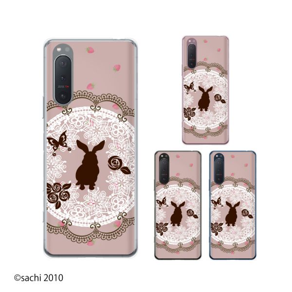 au ケース 【Xperia 5 II SOG02 / 1 II SOG01 / 10 II SOV43 / S5 SOV41 / 8 SOV42 / 1 SOV40 / XZ3 SOV39】《純正卓上充電対応※一部機種》ウサギ2 うさぎ 兎 レース バラ ピンク カワイイ スマホ ケース ハード カバー エクスペリア