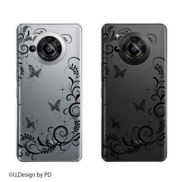 SoftBank 【AQUOS R7 / zero6 / R6 / sense5G A004SH / zero 5G basic A002SH / R5G 908SH / zero2】 ラグジュアリーライン2 蝶 シルエット 黒 ブラック カワイイ スマホ ケース ハード カバー アクオス ソフトバンク