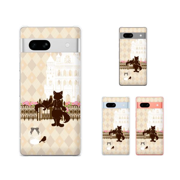 Google Pixel 7a / Pixel 3a / Pixel 3a XL / Pixel 3 / Pixel 3 XL 長靴を履いた猫 お城 アーガイルチェック ベージュ スマホ ケース ハード カバー グーグル ピクセル3