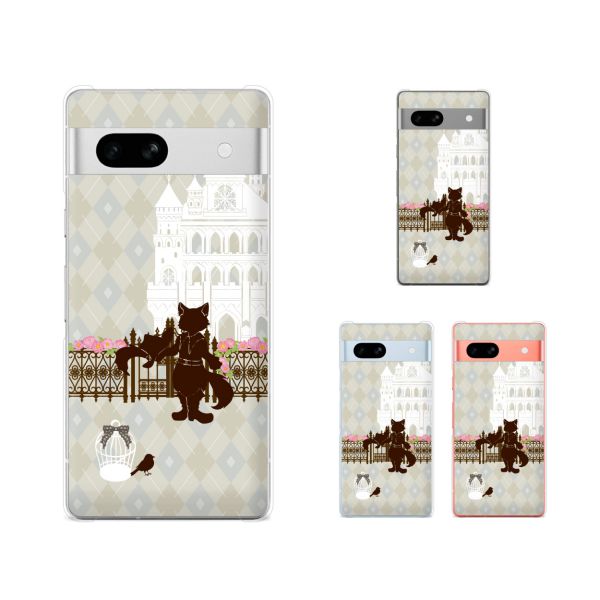 Google Pixel 7a / Pixel 3a / Pixel 3a XL / Pixel 3 / Pixel 3 XL 長靴を履いた猫 お城 アーガイルチェック スカイグレー スマホ ケース ハード カバー グーグル ピクセル3