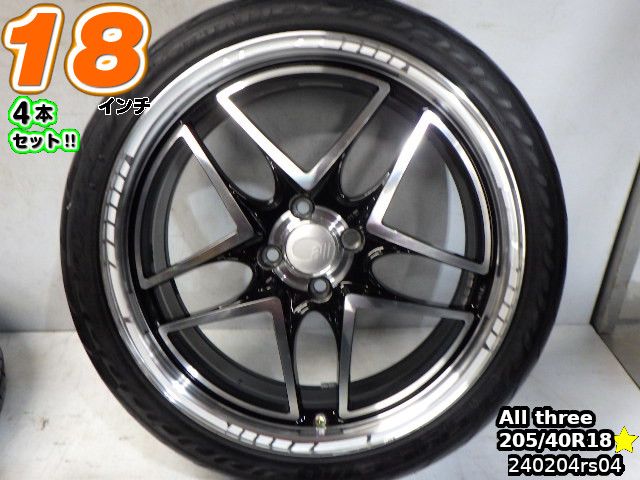 【中古】エンケイ All three(オールスリー)ブラックポリッシュ(ブラポリ)/スポーク18x7J+50/100/4Hファイナリスト 595EVO(595エボ)22年製バリ山205/40R1818インチ タイヤホイール4本セット