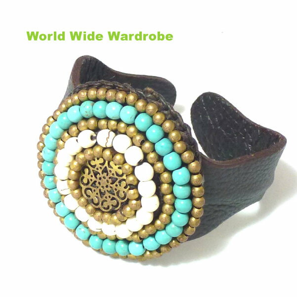 クーポン ハンドメイド 透かし細工 2色 ターコイズ ビース レザー 本革 バングル ブレスレット 腕輪 トルコ石 お守り 手作り 天然石 パワーストーン ビー...