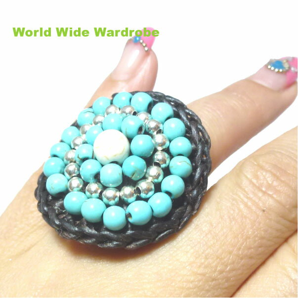 クーポン 有 パワーストーン天然石ハンドメイド ターコイズビーズ編みあみリング トルコ石 指輪