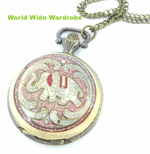 ★アンティーク調ゾウさんエスニックペンダントネックレス懐中時計Mホワイト/アジアンポケットウオッチぞう象
