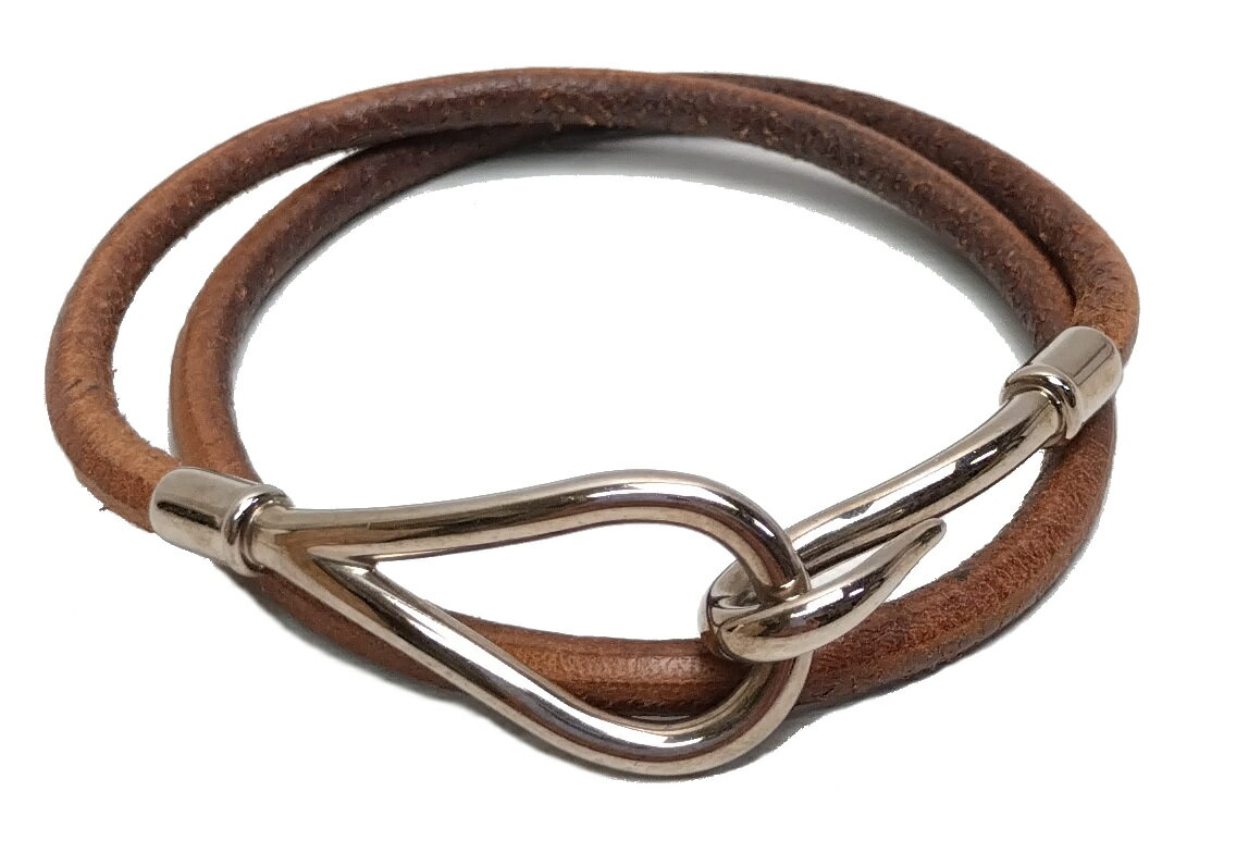 【送料無料】エルメス　 HERMES ジャンボブレスレット　二重　レザーブレスレット ブラウン / シルバーカラー【質屋出店】【中古】