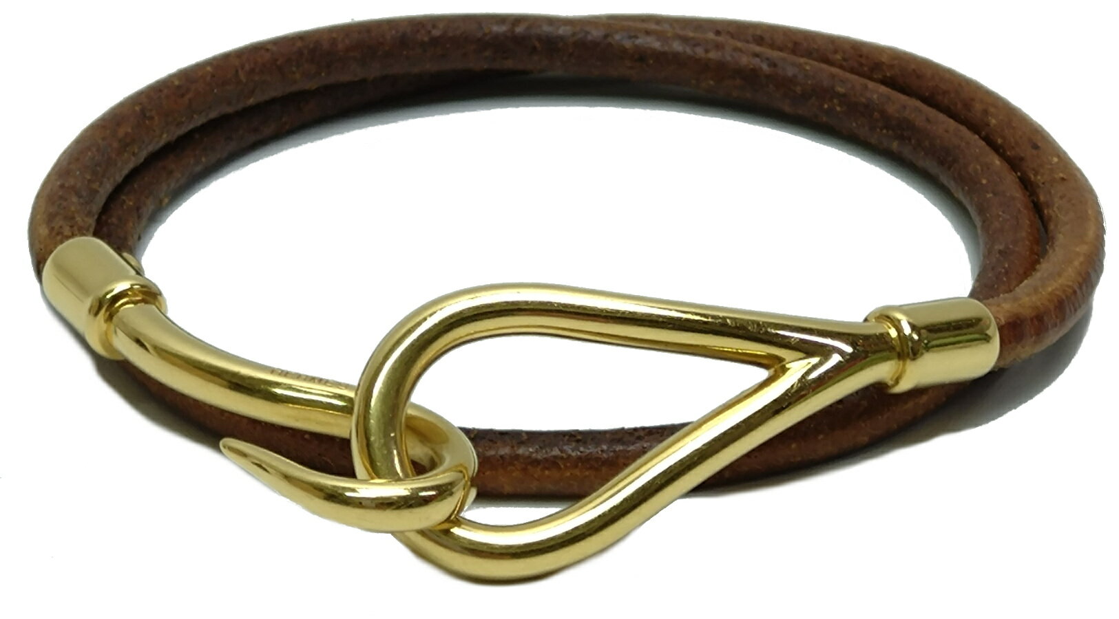 【送料無料】エルメス　 HERMES ジャンボブレスレット　二重　レザーブレスレット ブラウン / ゴールドカラー【質屋出店】【中古】