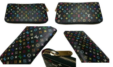 ルイヴィトン LOUIS VUITTON モノグラム マルチカラー ジッピー・ウォレット 二つ折り長財布 M60243 ピンク ブラック【質屋出店】【中古】